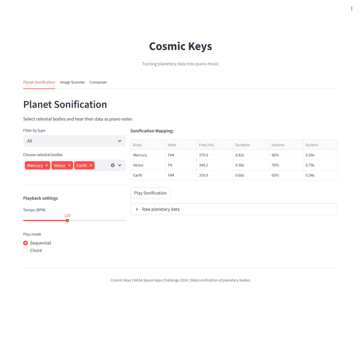 Cosmic Keys interface