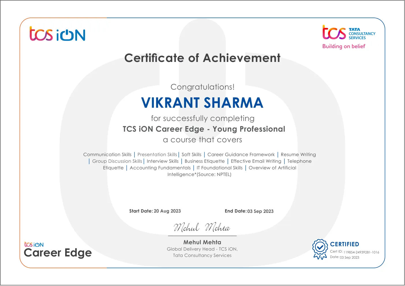 TCS iON Career Edge certificate